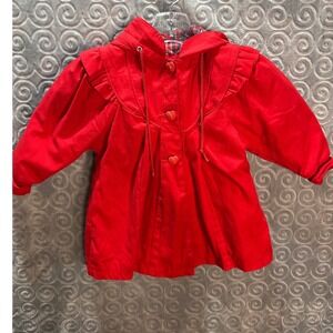 Casual Time Girls Red Ruffle Hooded JacketCoat Size 3T Heart Buttons Plaid Lined